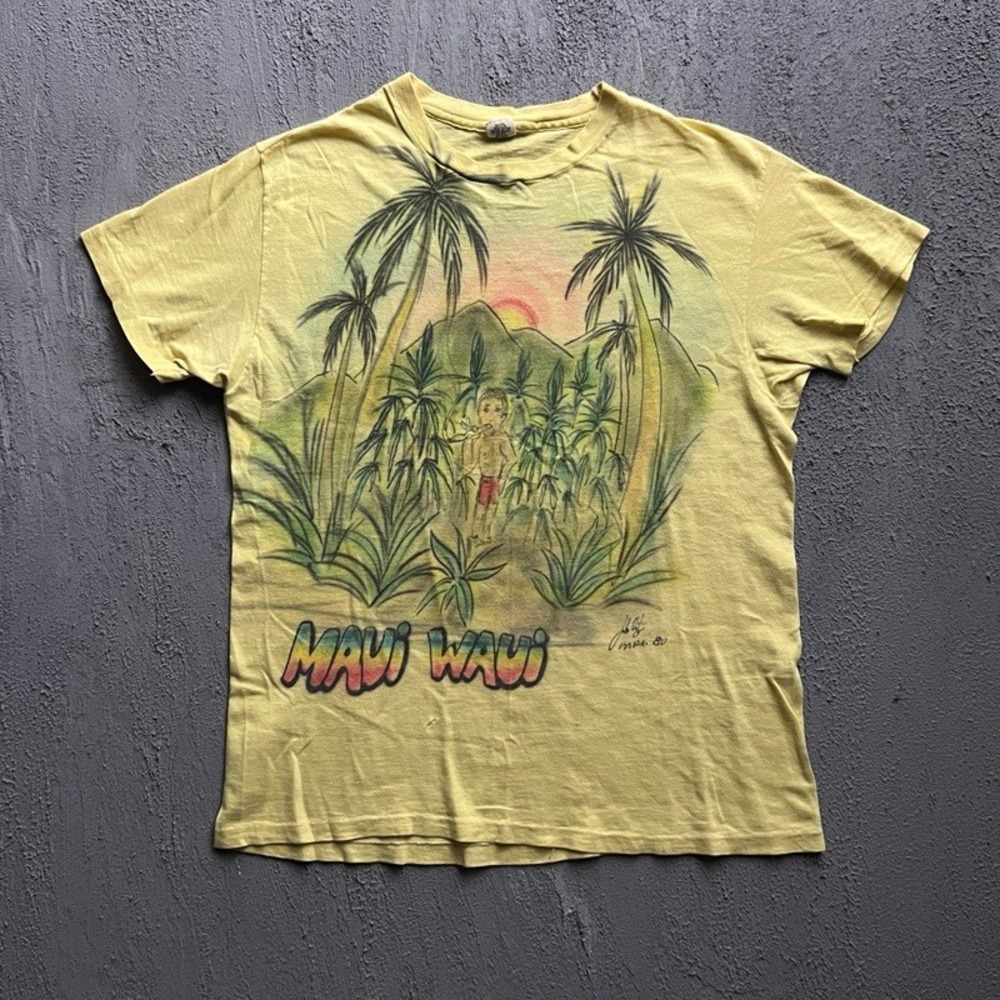 Vintage Maui‎ Waui Shirt Large Yellow 1970s Weed Marijuana Airbrush USA